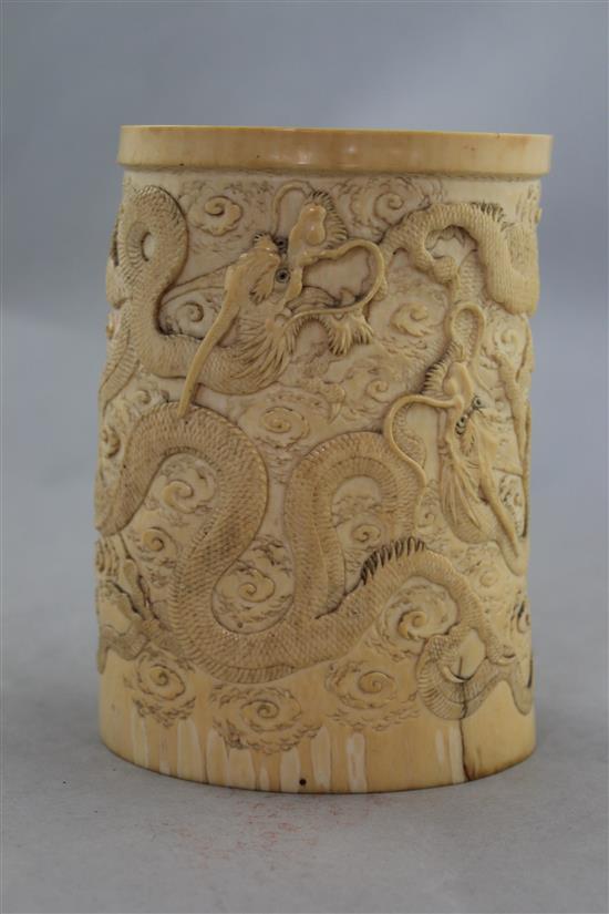 A Japanese ivory dragon tusk vase, Meiji period, 14.7cm